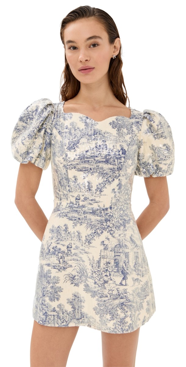 Tanner Fletcher Helene Puff Sleeve Sequin Toile Dress Blue Toile Sequin