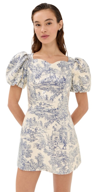 Tanner Fletcher Helene Puff Sleeve Sequin Toile Dress Blue Toile Sequin