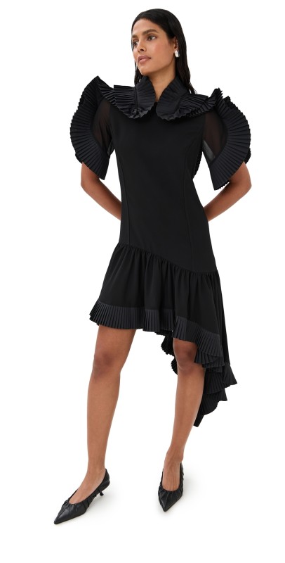 CO Asymmetric Pleated Georgette Dress Black