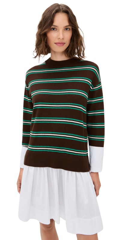 SIMONMILLER Pip Poplin Combo Dress Brown/Zingy Green Stripe & Mac