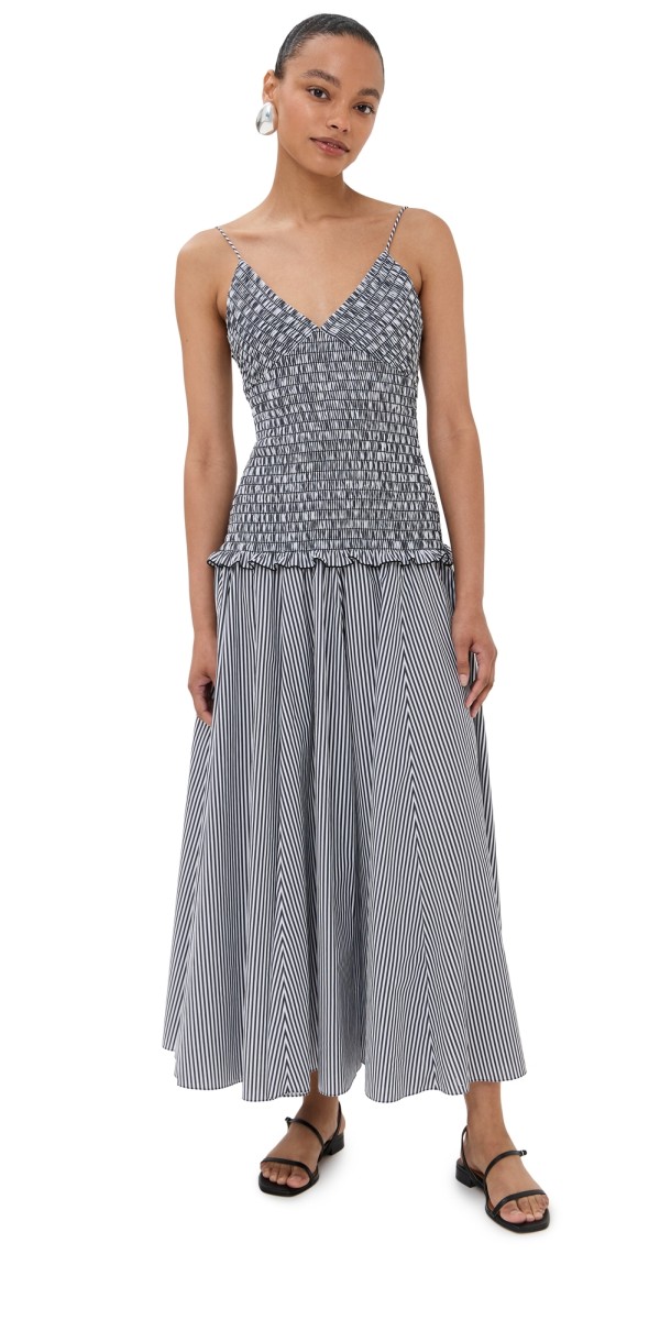 Brandon Maxwell The Josie Spaghetti Strap Dress with Smocked Bodice Black/White Stripe