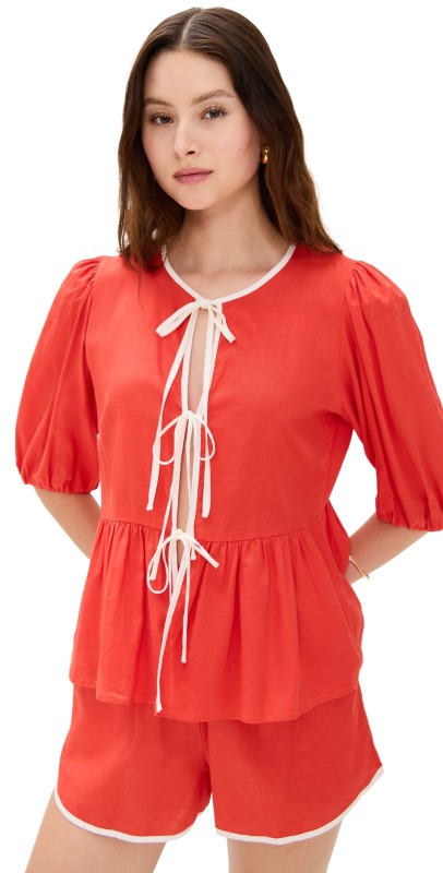 Dress To Tie Front Blouse Guara Red/Off White