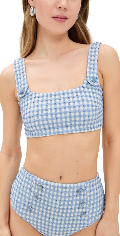 SIMKHAI Ainsley Button Front Tank Bikini Top Blue Hydrangea Gingham