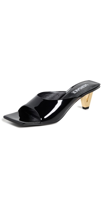 Versace Patent Calf Leather Mules 55mm 1B00V-Black/Versace Gold