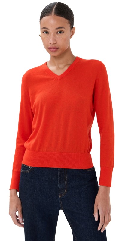 Tibi Skinlike Mercerized Wool Shrunken V Neck Sweater Red