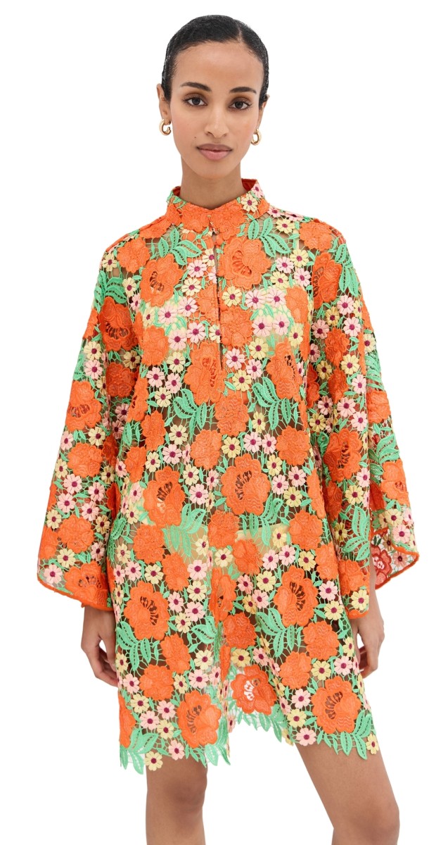 La Vie Style House Garden Floral Lace Mini Caftan Orange & Gr
