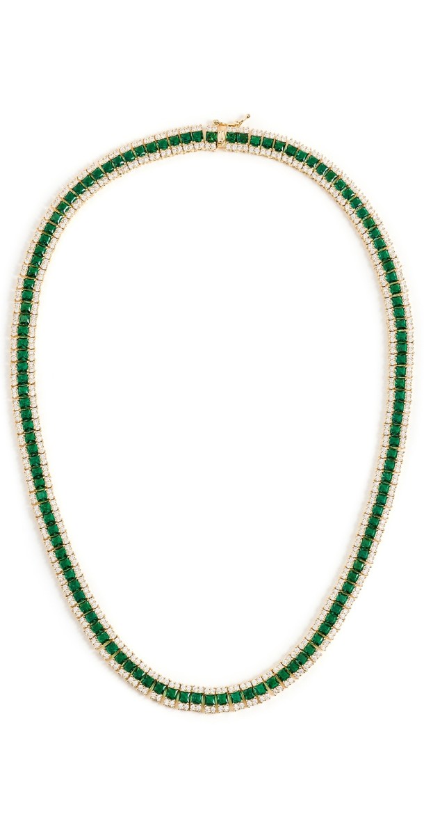 By Adina Eden Colored CZ Pave X Baguette Fancy Tennis Necklace Emerald Gr
