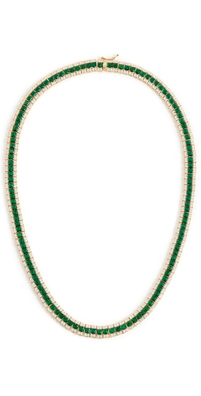 By Adina Eden Colored CZ Pave X Baguette Fancy Tennis Necklace Emerald Gr