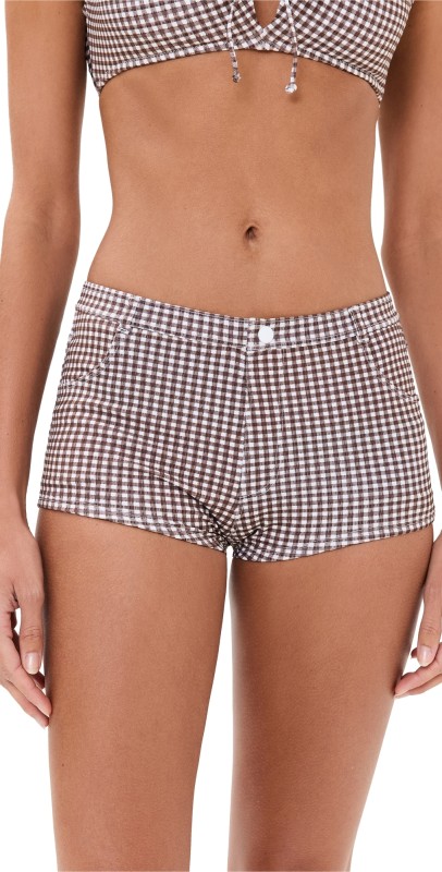 STAUD Cod Bikini Bottoms Dark Chocolate Micro Check