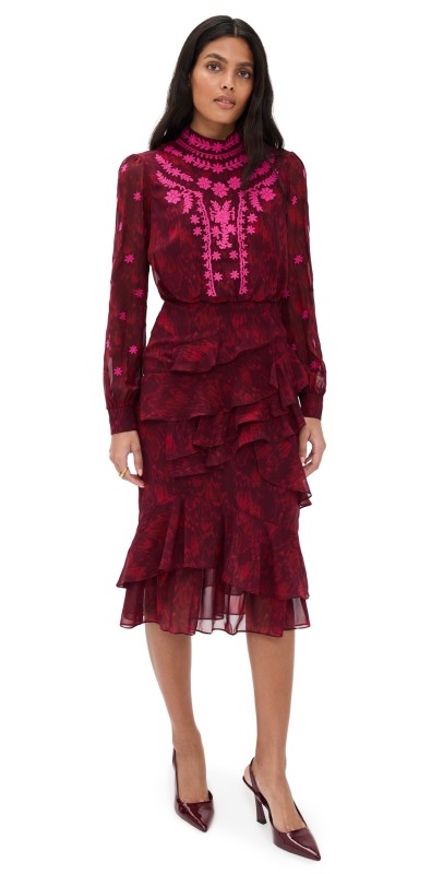 SALONI Isa Ruffle Silk Dress Astilbe Burgundy/Emb