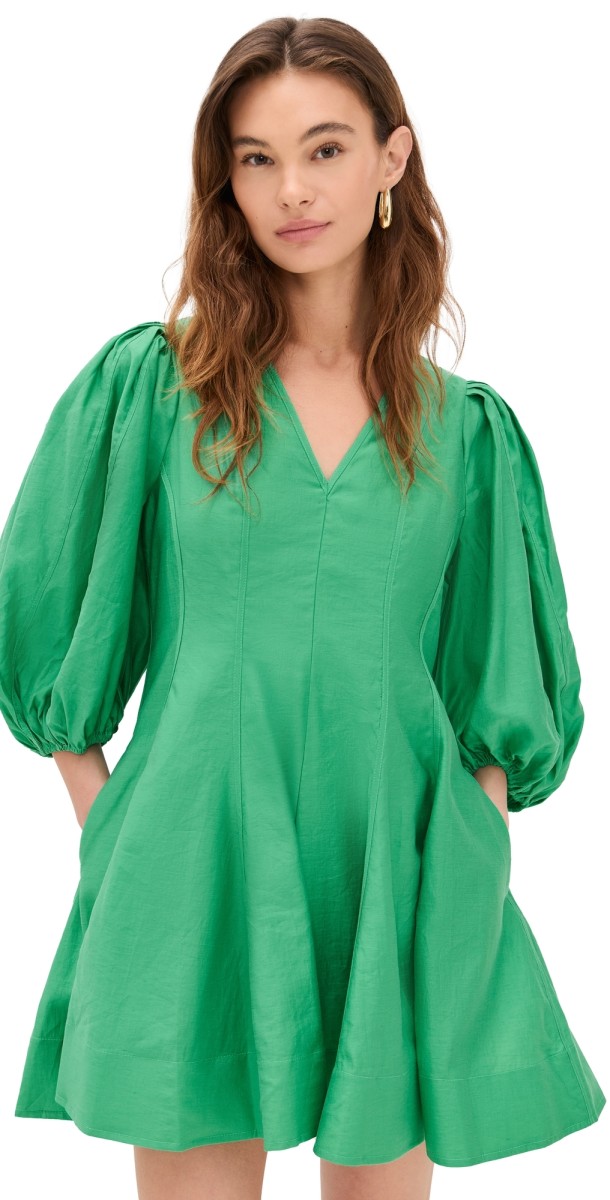 English Factory Puff Sleeve Flare Mini Dress Green