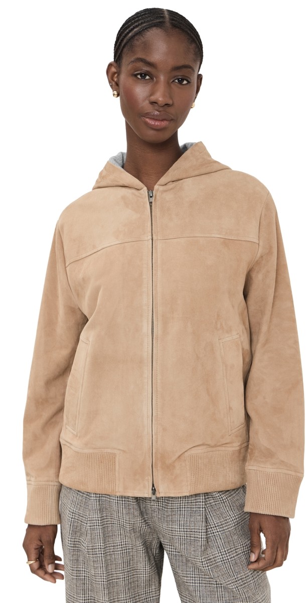 Vince Knit Lined Suede Hoodie Sable