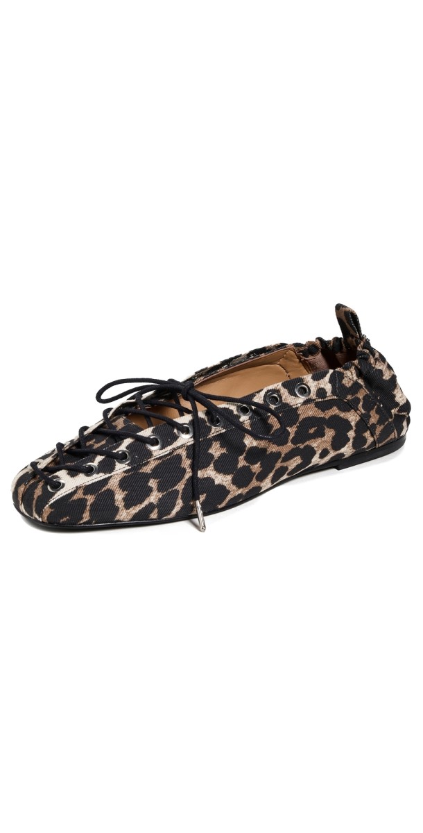 GANNI Eyelets Lace Up Ballerina Flats Leopard