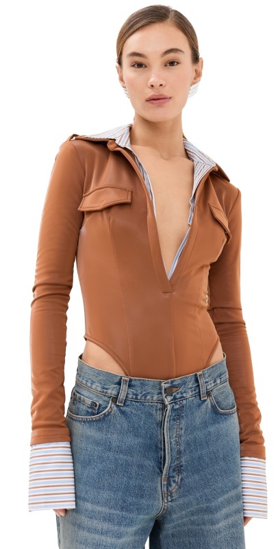 LaQuan Smith Long Sleeve Button Down Bodysuit with Poplin Dickie Caramel