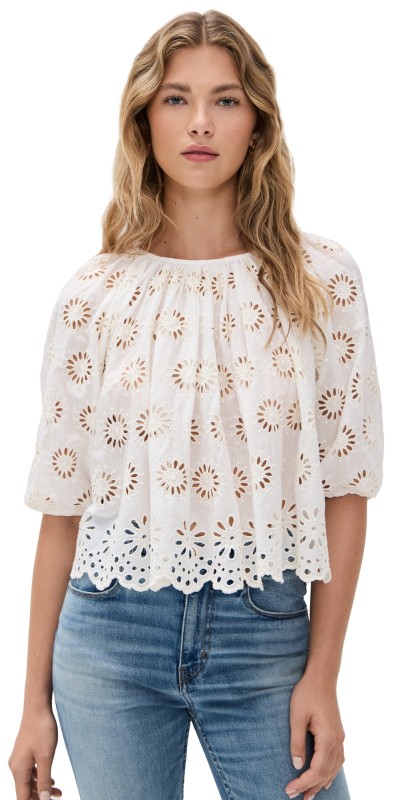 Madewell Embroidered Shirred Puff-Sleeve Top Floral Eyelet