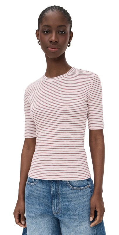 Vince Striped Elbow Sleeve Crew Tee Peony Wood Combo
