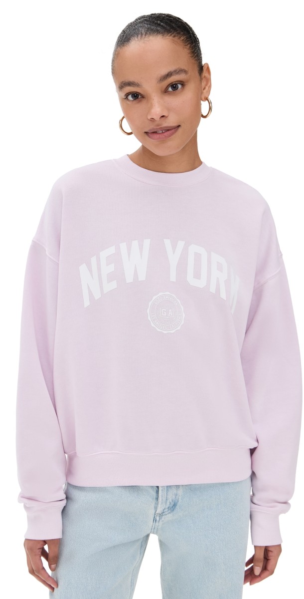Good American Brushed Fleece Graphic Crew Sweatshirt New York Washed Cotton Candy Pink001
