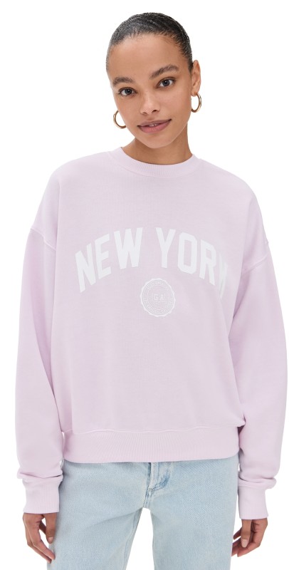 Good American Brushed Fleece Graphic Crew Sweatshirt New York Washed Cotton Candy Pink001