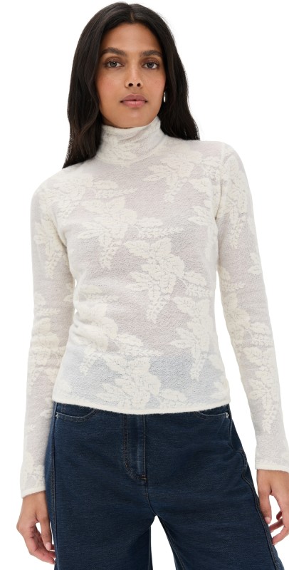 GANNI Sheer Flower Jacquard Mock Neck Egret