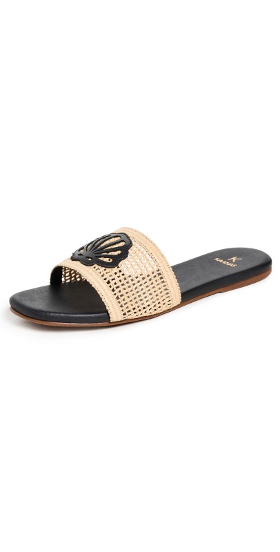 KAANAS Meera Fishnet Slides with Contrast Leather Seashell Black
