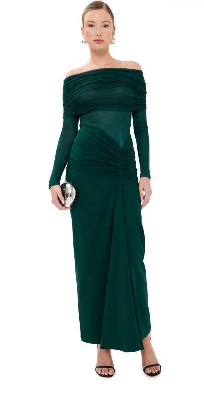 Christopher Esber Sonora Veiled Ruched Dress Evergreen