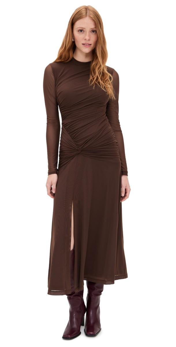 WAYF Selene Ruched Long Sleeve Dress Chocolate
