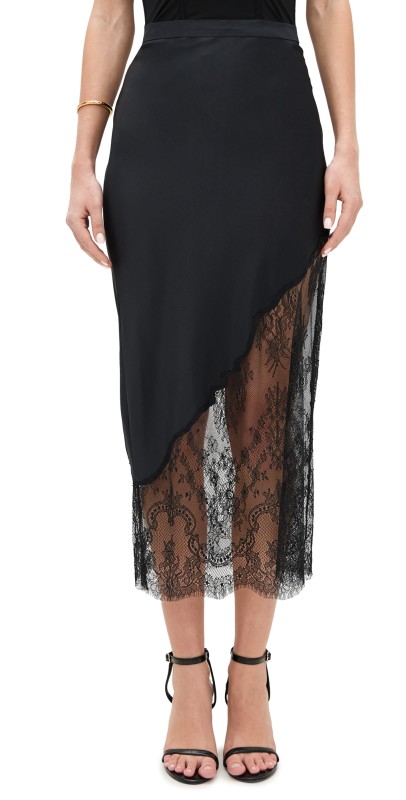 Fleur du Mal Silk and Chantilly Lace Skirt Black