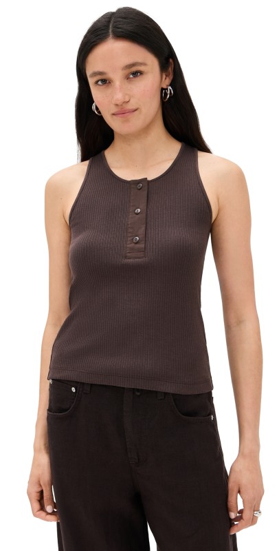 Vince Mixed Media Henley Top Dk Coffee