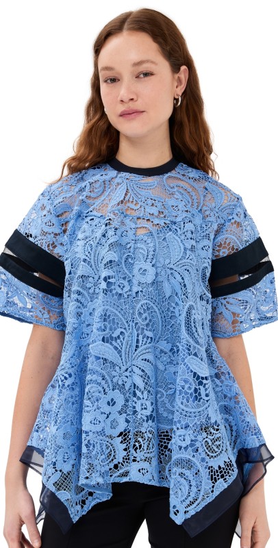 3.1 Phillip Lim Corded Embroidered Lace Flounce Top Cadet Blue Multi