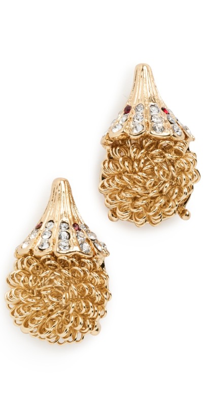 Kenneth Jay Lane Rhinestone and Ruby Eye Hedgehog Earrings Gold