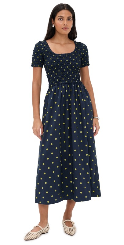 Damson Madder Malinda Super Smocked Midi Dress Navy