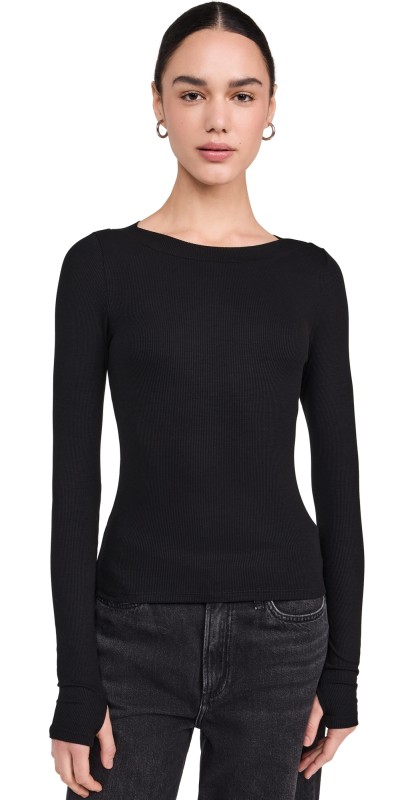 LNA Bellina Ribbed Long Sleeve Top Black