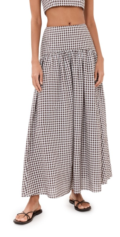 STAUD Procida Skirt Dark Chocolate Gingham