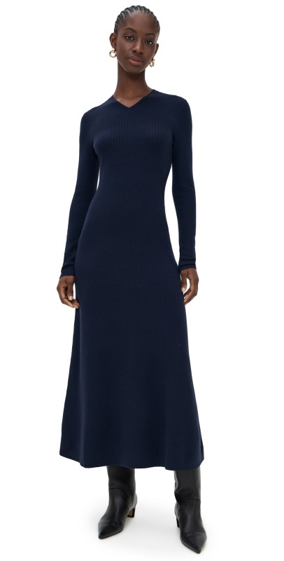 Theory High V Neck Dress Deep Navy