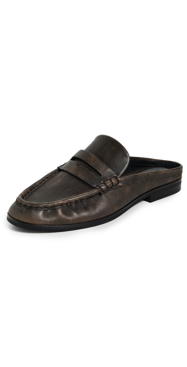 SIMKHAI Dean Leather Loafer Mules Distressed Chocolate