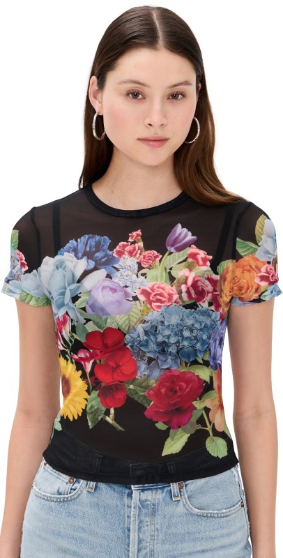 alice + olivia Tess Crew Neck Tee Garden Brunch Black