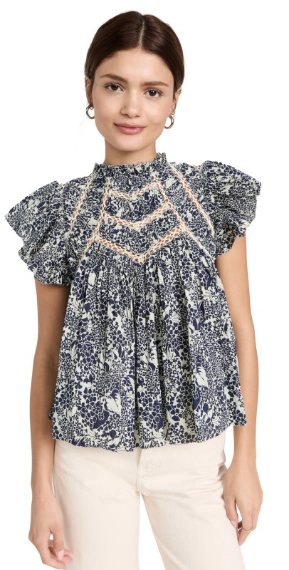 Sea Priya Print Flutter Sleeve Top Navy