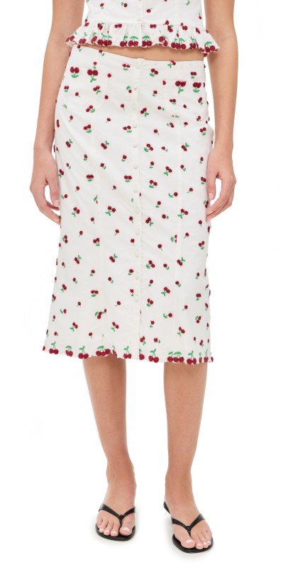 For Love & Lemons Beaded Cherries Midi Skirt White