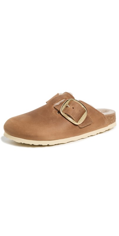 Birkenstock Boston Big Buckle Shearling Clogs Cognac