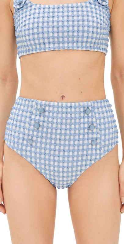SIMKHAI Ginger Button Front High Waisted Bikini Bottoms Blue Hydrangea Gingham