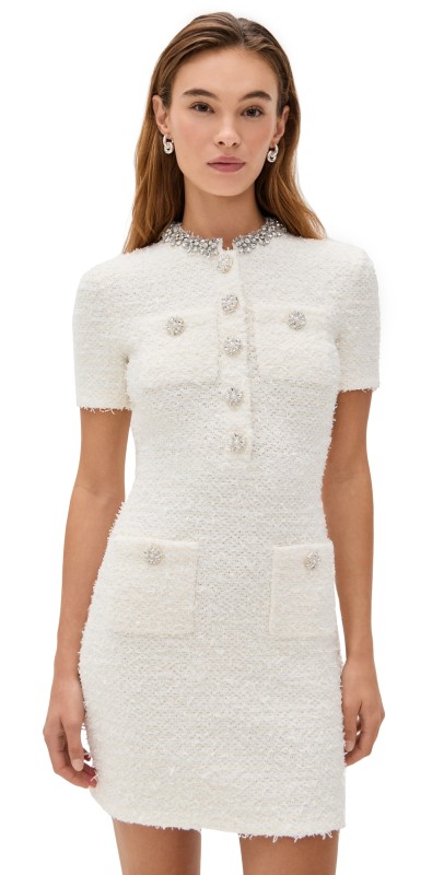 Self Portrait Cream Textured Knit Mini Dress Beige