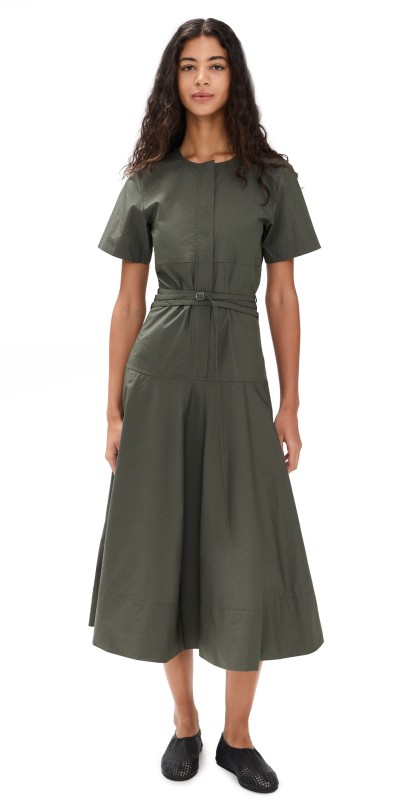 Proenza Schouler White Label Elizabeth Dress in Parachute Cotton Dark Spruce