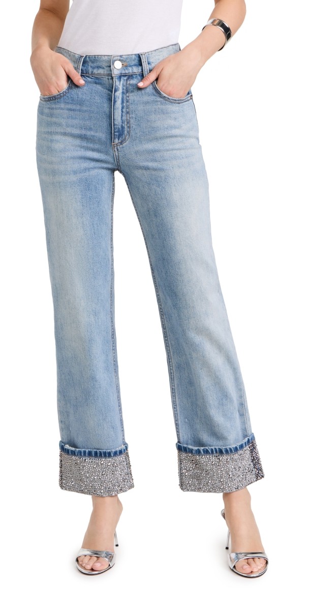 alice + olivia Weezy Jeans with Embellished Cuffs Sierra Light Blue