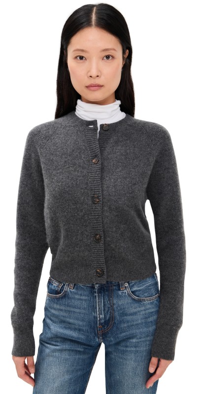 White & Warren Cashmere Waffle Cardigan Dark Slate Heather