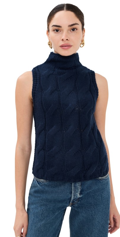 Sablyn Cashmere Salvia Sleeveless Cable Turtleneck Midnight Navy