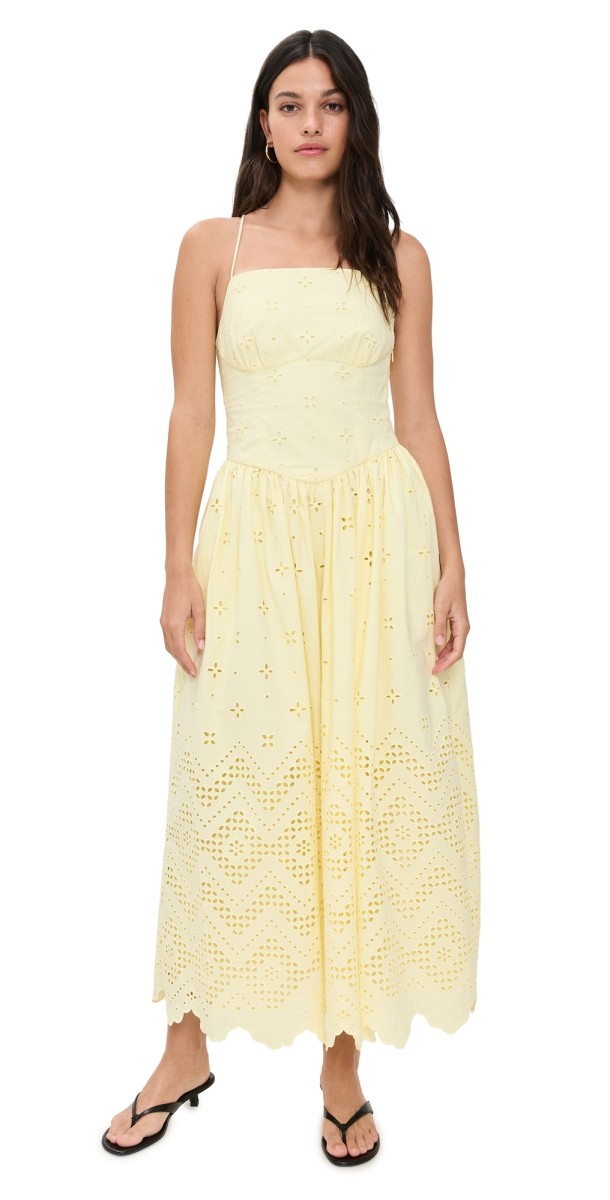 Self Portrait Yellow Cotton Broderie Midi Dress Yellow