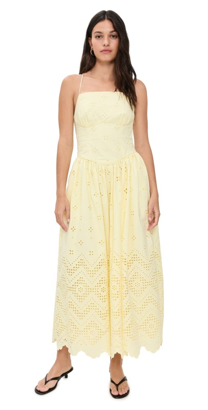Self Portrait Yellow Cotton Broderie Midi Dress Yellow