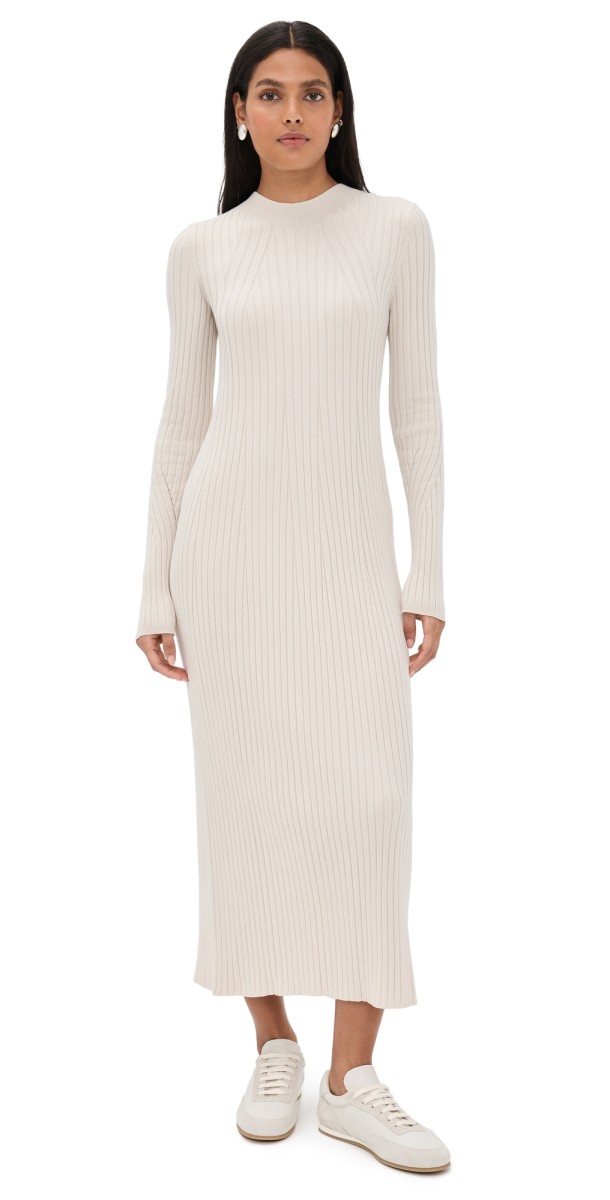 Varley Axel Rib Knit Midi Dress Silver Birch