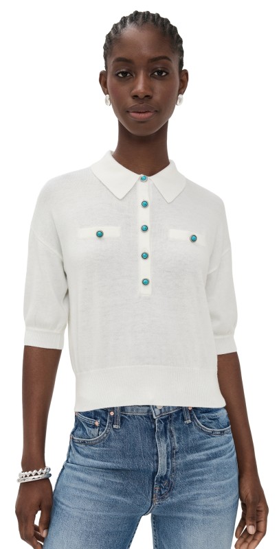 L'AGENCE Masaki Collared Sweater White/Turquoise