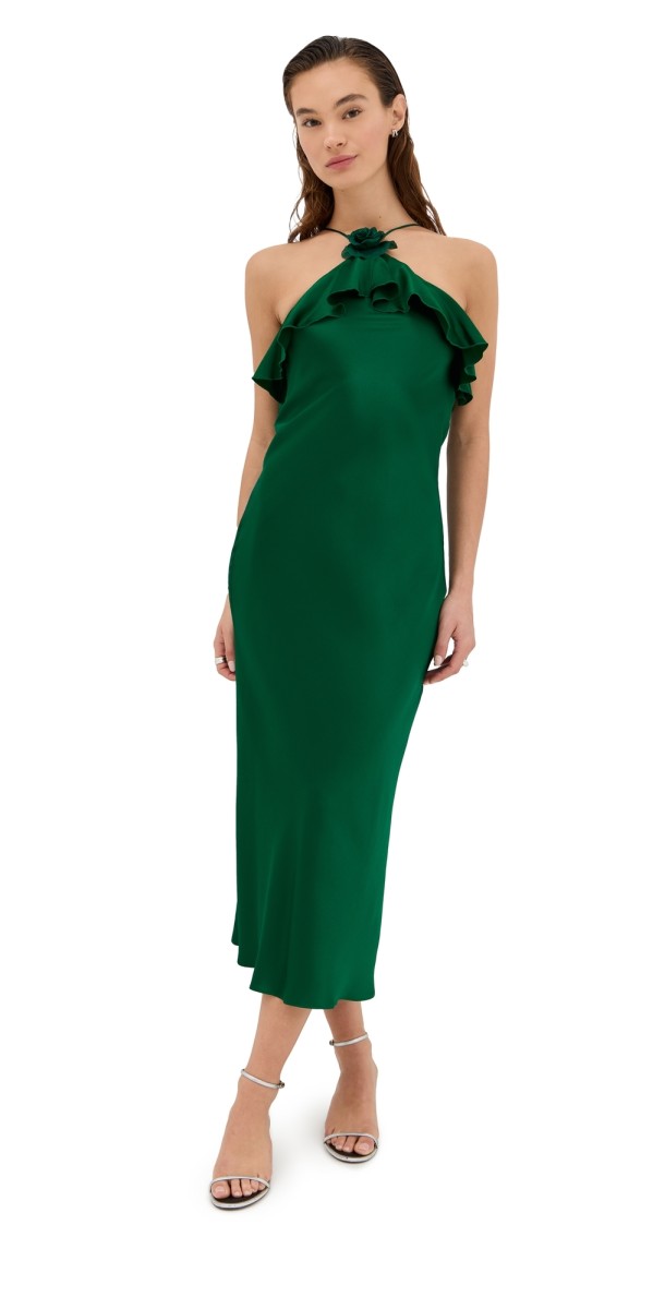 Rodarte Silk Satin Bias Halter Slip Dress with Ruffle Detail and Silk Flower Dark Green